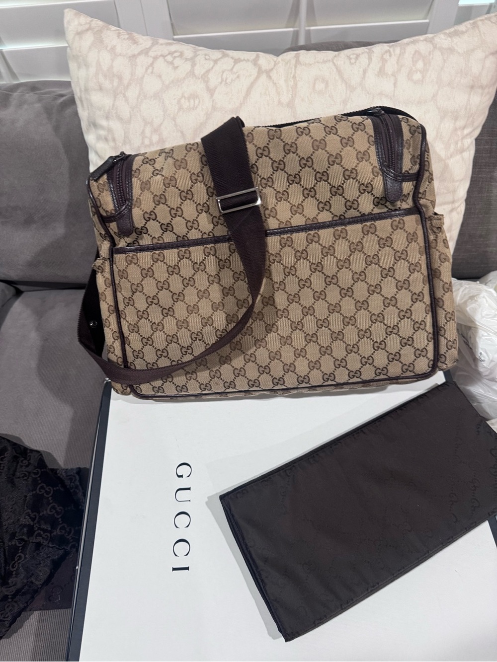 Gucci Beige GG Canvas Baby Messenger Bag with Dark Brown Trim